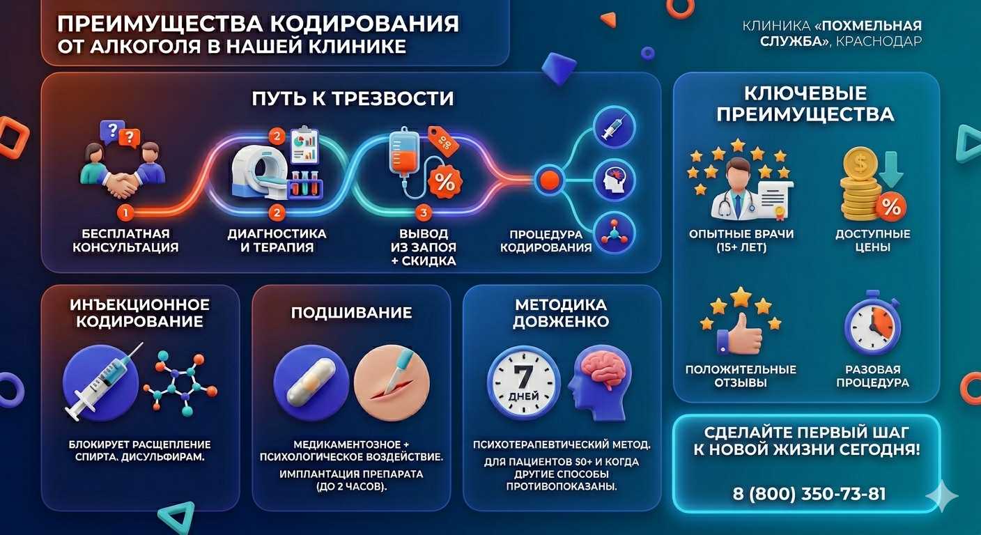 Инфографика о методах кодирования от алкоголя в Кривом Роге: инъекции, подшивание, метод Довженко. Преимущества клиники и этапы лечения.